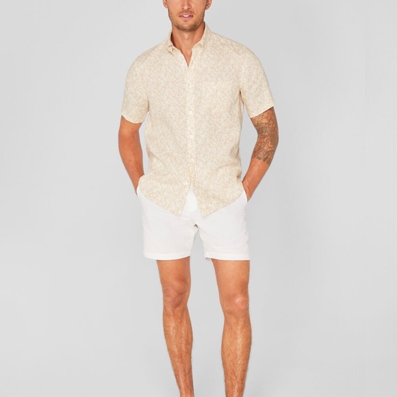 Short Slv Deco Print Linen Button Down Shirt - New With Tags - NEVER WORN - Tan